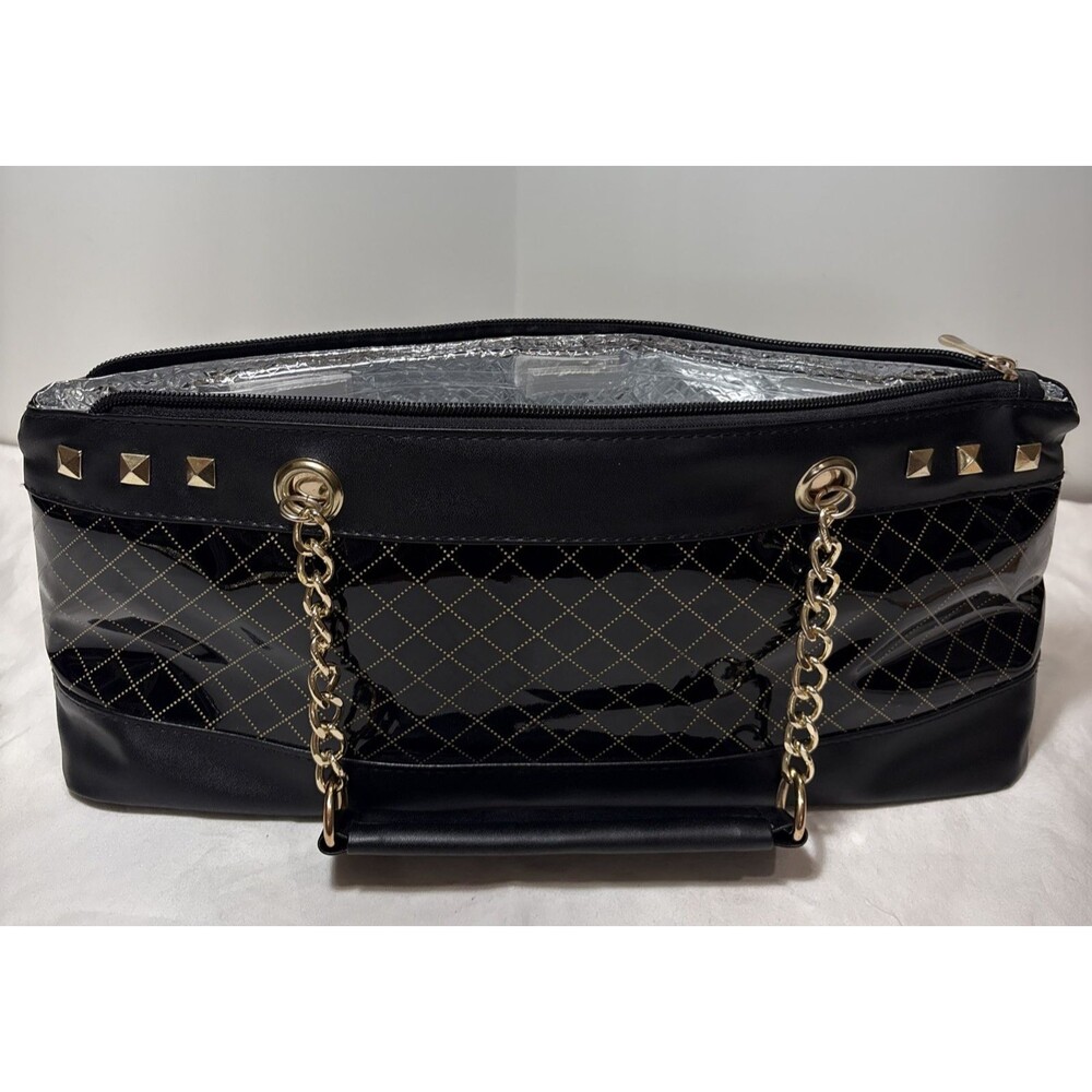 Black Cosmetic Makeup Travel Bag Gold Chain Studs Removable Liner 15”